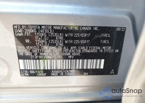 2022 Toyota Rav4 Xle from USA, damaged, VIN 2T3P1RFV5NW313390